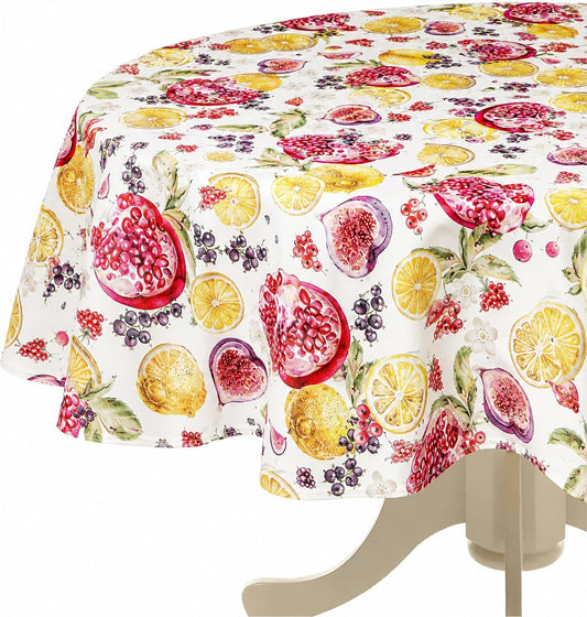 European Lemon Citrus Fruits Berries Pattern, Polyester Woven Printed Fabric, Multi, 70 inch Round, Seats 4 to 6 People, Tablecloths