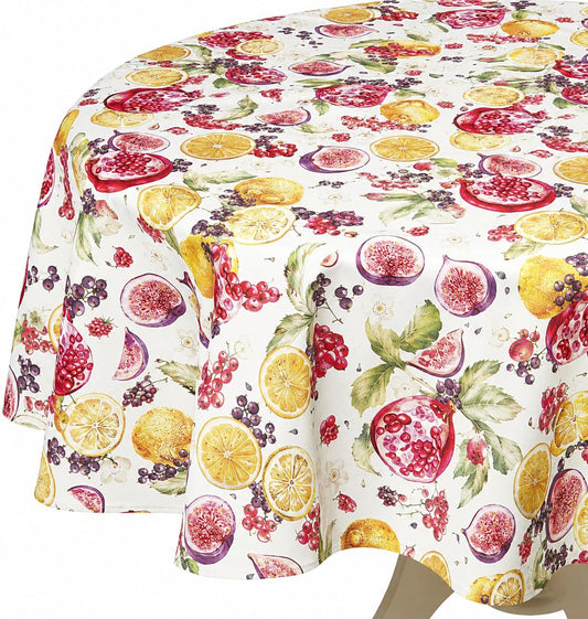 European Lemon Citrus Fruits Berries Pattern, Polyester Woven Printed Fabric, Multi, 70 inch Round, Seats 4 to 6 People, Tablecloths