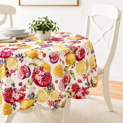 European Lemon Citrus Fruits Berries Pattern, Polyester Woven Printed Fabric, Multi, 70 inch Round, Seats 4 to 6 People, Tablecloths