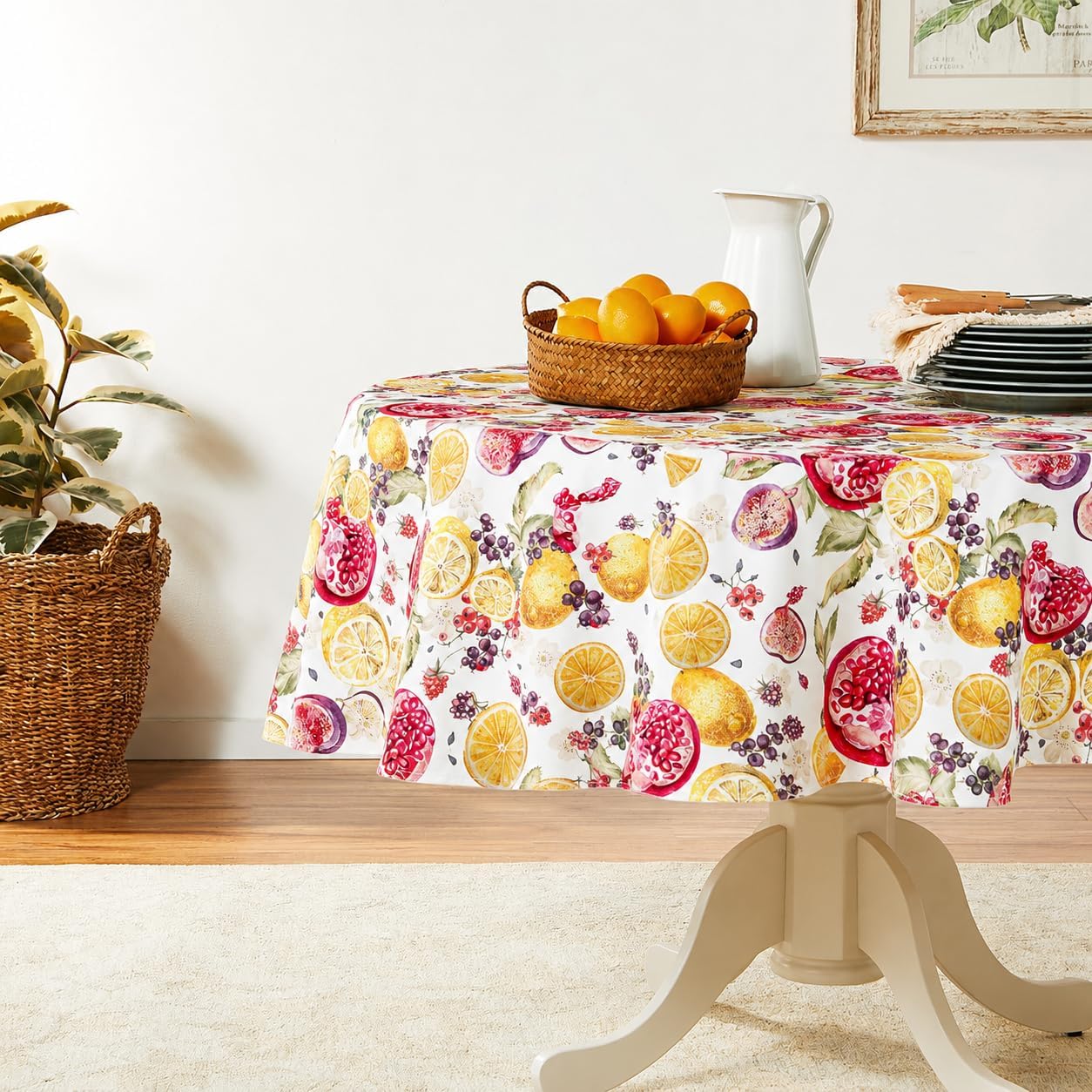 European Lemon Citrus Fruits Berries Pattern, Polyester Woven Printed Fabric, Multi, 70 inch Round, Seats 4 to 6 People, Tablecloths