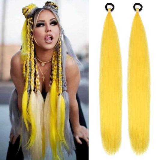 Braid Ponytail Extension Elastic Tie Long PonytailYellow, 26inch) | 26Inch 2Pack Yellow Hair Extensions Sleek Wrap Around Straight Ponytail Extension Yellow Braiding Hair