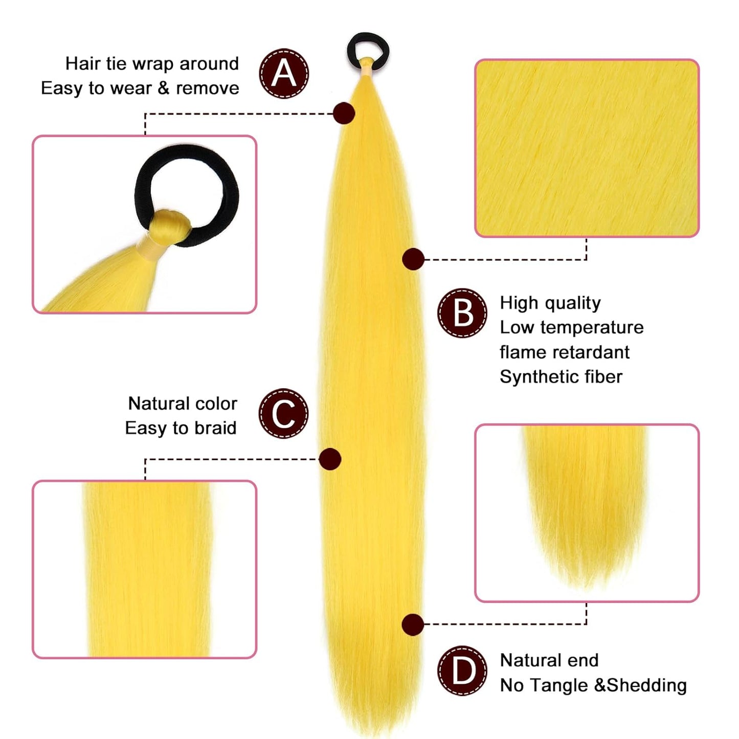 Braid Ponytail Extension Elastic Tie Long PonytailYellow, 26inch) | 26Inch 2Pack Yellow Hair Extensions Sleek Wrap Around Straight Ponytail Extension Yellow Braiding Hair
