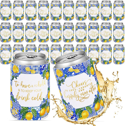 50 Pieces Capri Lemon Wedding Can Cooler Bulk Amalfi Coast Decor Engagement Party Favors for Guests Cheers to Love Laughter and Happily Ever After Rehearsal Dinner Decorations for Wedding