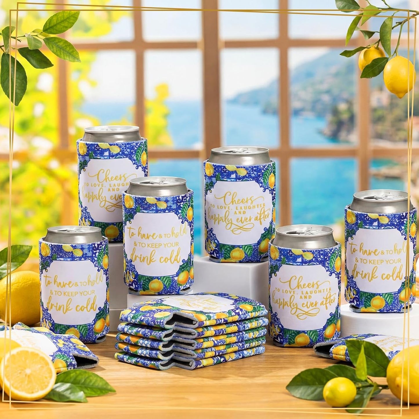 50 Pieces Capri Lemon Wedding Can Cooler Bulk Amalfi Coast Decor Engagement Party Favors for Guests Cheers to Love Laughter and Happily Ever After Rehearsal Dinner Decorations for Wedding