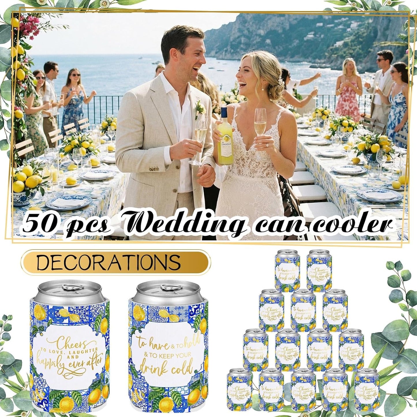 50 Pieces Capri Lemon Wedding Can Cooler Bulk Amalfi Coast Decor Engagement Party Favors for Guests Cheers to Love Laughter and Happily Ever After Rehearsal Dinner Decorations for Wedding