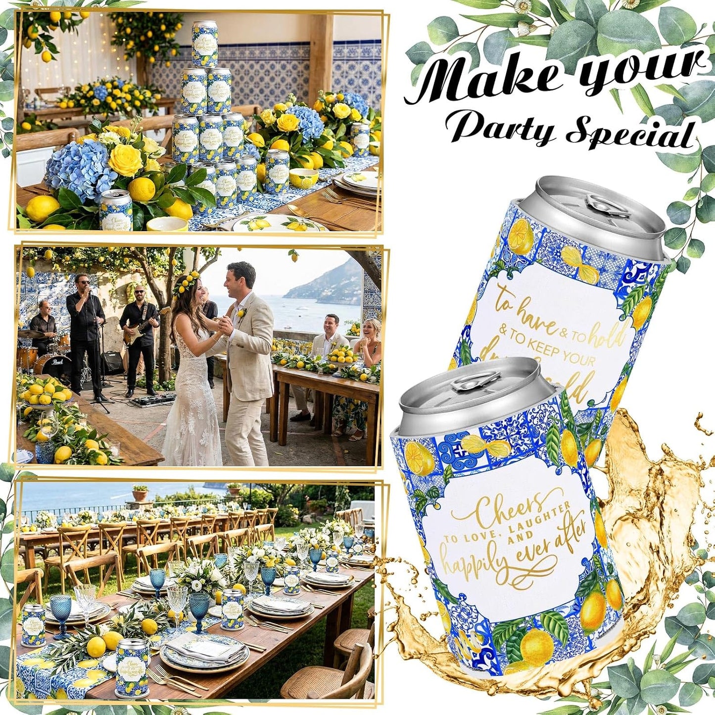 50 Pieces Capri Lemon Wedding Can Cooler Bulk Amalfi Coast Decor Engagement Party Favors for Guests Cheers to Love Laughter and Happily Ever After Rehearsal Dinner Decorations for Wedding