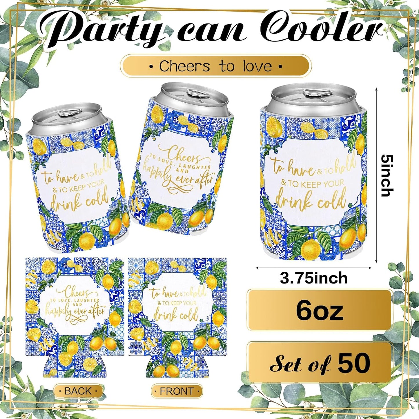 50 Pieces Capri Lemon Wedding Can Cooler Bulk Amalfi Coast Decor Engagement Party Favors for Guests Cheers to Love Laughter and Happily Ever After Rehearsal Dinner Decorations for Wedding