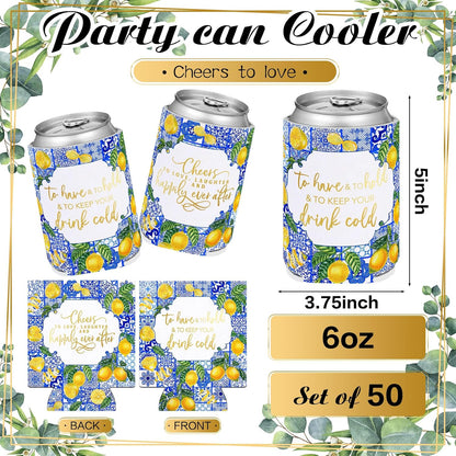 50 Pieces Capri Lemon Wedding Can Cooler Bulk Amalfi Coast Decor Engagement Party Favors for Guests Cheers to Love Laughter and Happily Ever After Rehearsal Dinner Decorations for Wedding