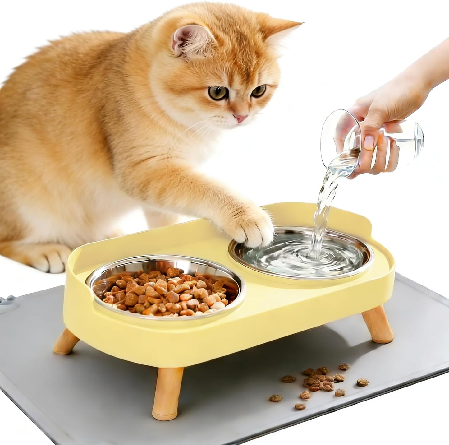 Elevated Cat Bowls with Food Mat, Splash Proof Anti Vomiting Raised Cat Food and Water Bowl Set, 2 Stainless Steel Dishes for Cats and Puppy, Pet Bowl for Indoor Cats Yellow