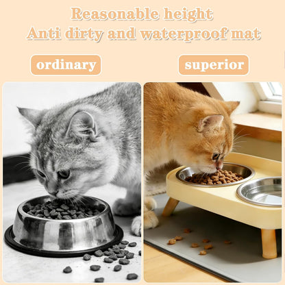 Elevated Cat Bowls with Food Mat, Splash Proof Anti Vomiting Raised Cat Food and Water Bowl Set, 2 Stainless Steel Dishes for Cats and Puppy, Pet Bowl for Indoor Cats Yellow