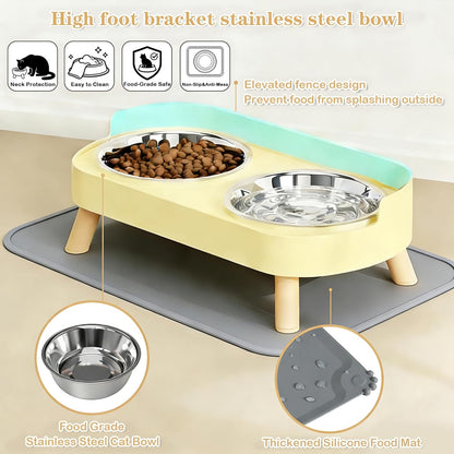Elevated Cat Bowls with Food Mat, Splash Proof Anti Vomiting Raised Cat Food and Water Bowl Set, 2 Stainless Steel Dishes for Cats and Puppy, Pet Bowl for Indoor Cats Yellow