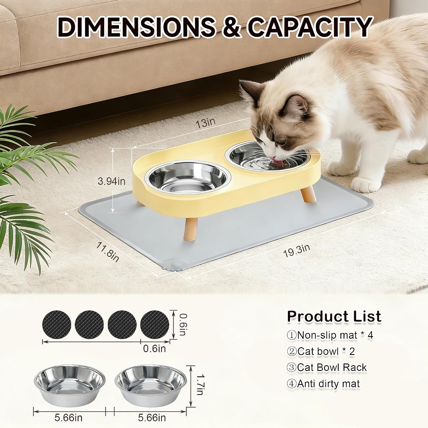 Elevated Cat Bowls with Food Mat, Splash Proof Anti Vomiting Raised Cat Food and Water Bowl Set, 2 Stainless Steel Dishes for Cats and Puppy, Pet Bowl for Indoor Cats Yellow