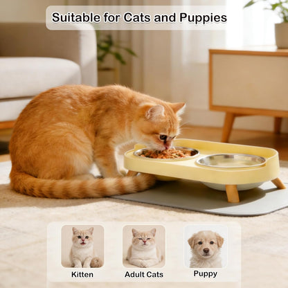 Elevated Cat Bowls with Food Mat, Splash Proof Anti Vomiting Raised Cat Food and Water Bowl Set, 2 Stainless Steel Dishes for Cats and Puppy, Pet Bowl for Indoor Cats Yellow