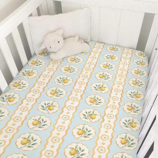 Vintage Yellow Lemon Baby Crib Sheets for Boys Girls Pastel Lemons Flowers Leaves Soft Snug Fitted Crib Mattress Covers for 52''x28'' Standard Crib & Toddler Mattress Summer Fruits Floral Bed Sheets