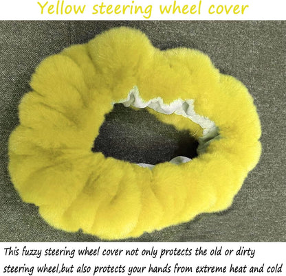 Fluffy Steering Wheel Cover for Women Fuzzy Steering Wheel Cover Winter Warm Faux Wool Plush Car Wheel Cover Furry Steering Wheel Protector Universal Fit 15 Inch (Yellow)