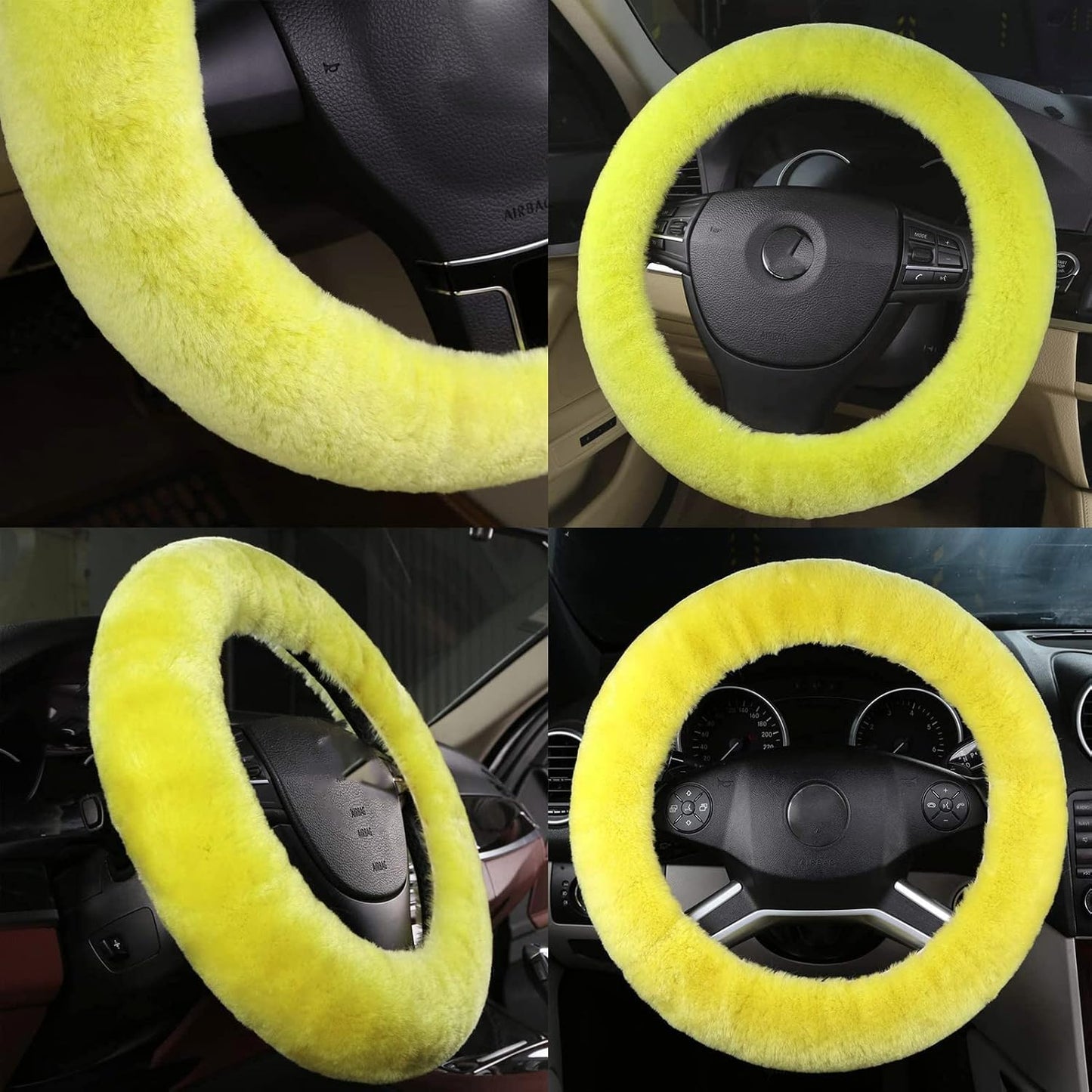 Fluffy Steering Wheel Cover for Women Fuzzy Steering Wheel Cover Winter Warm Faux Wool Plush Car Wheel Cover Furry Steering Wheel Protector Universal Fit 15 Inch (Yellow)