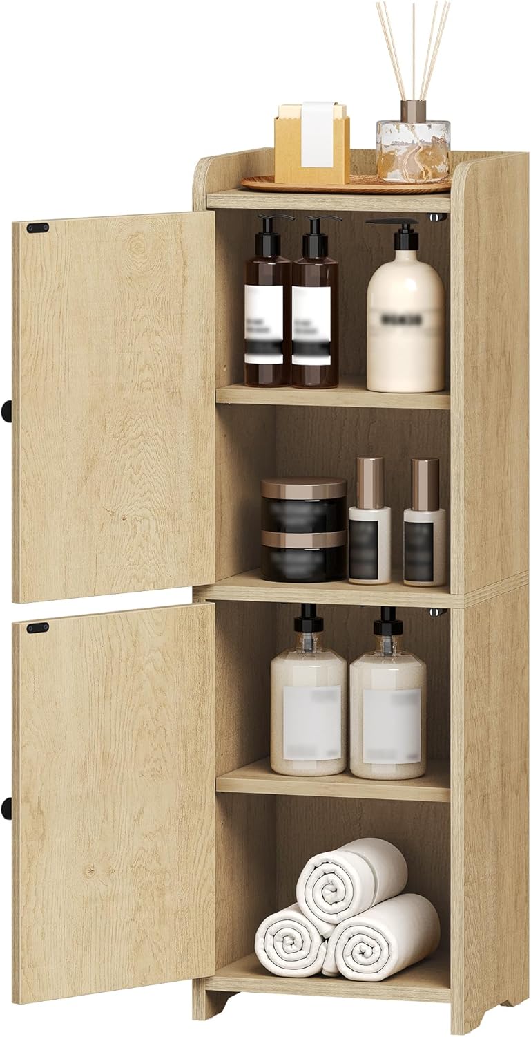 Bathroom Storage Cabinet, Small Corner Floor Cabinet with 2 Doors and Adjustable Shelf, Narrow Toilet Paper Cabinets, Bathroom Organizer for Small Spaces, 7.9" D x 9.8" W x 29.5" H Yellow