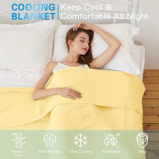 Cooling Blanket Queen Size, 100% Rayon Derived from Bamboo, Cool Summer Blanket for Hot Sleepers, Soft Comfy Lightweight Blankets for All Seasons(Light Yellow, 90×90in)