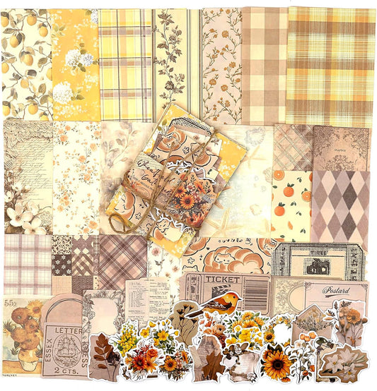 OKUPAN Scrapbook Supplies Kit – 100PCS Vintage Cottagecore Floral Scrapbook Paper & Stickers, 4 Sizes Pastoral Scrapbooking Supplies for Journaling, Card Making & DIY Gifts (Yellow)