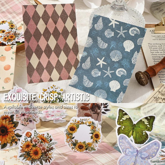 OKUPAN Scrapbook Supplies Kit – 100PCS Vintage Cottagecore Floral Scrapbook Paper & Stickers, 4 Sizes Pastoral Scrapbooking Supplies for Journaling, Card Making & DIY Gifts (Yellow)