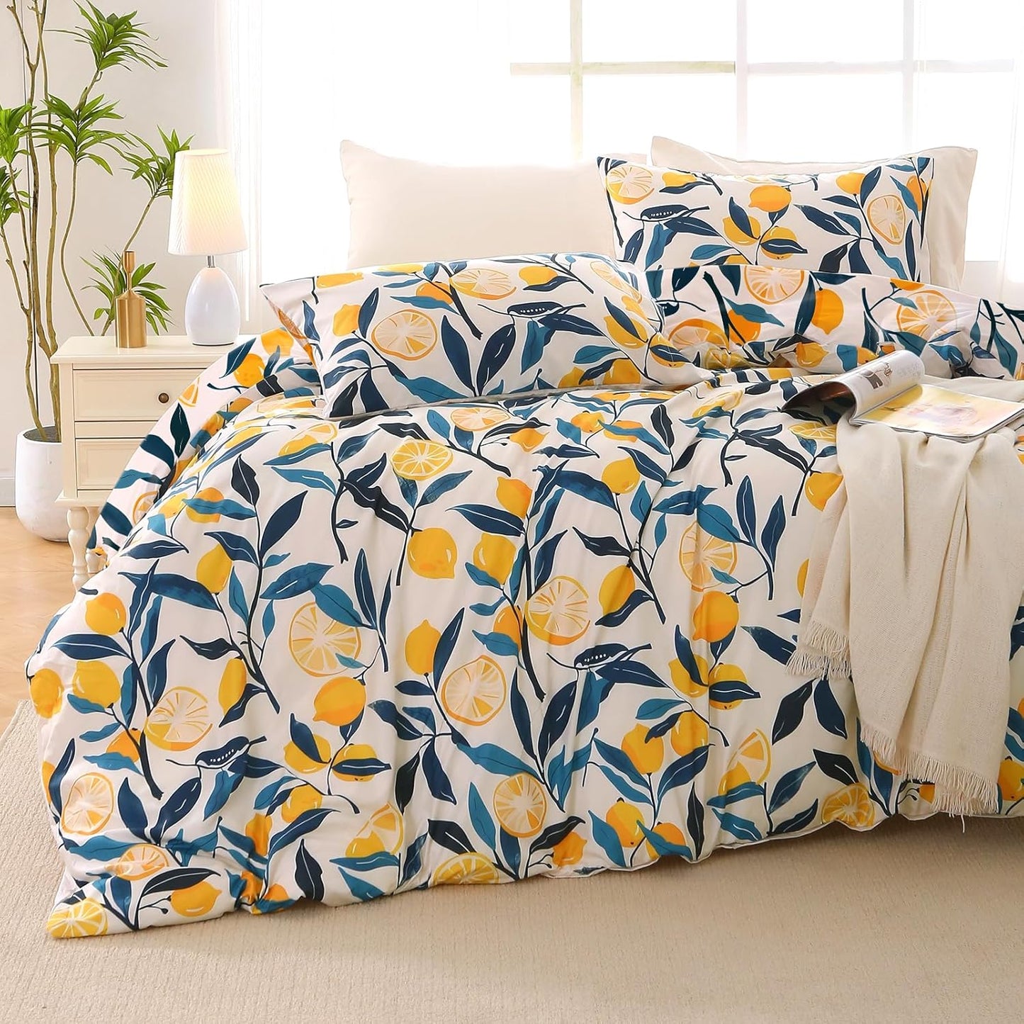 Lemon Blossom Bed in a Bag Queen 7 Pieces, Queen Comforter Set Reversible Botanical Flowers Design, Ultra Soft & Breathable Bedding Sets with Comforter, Sheets, Pillowcases & Shams