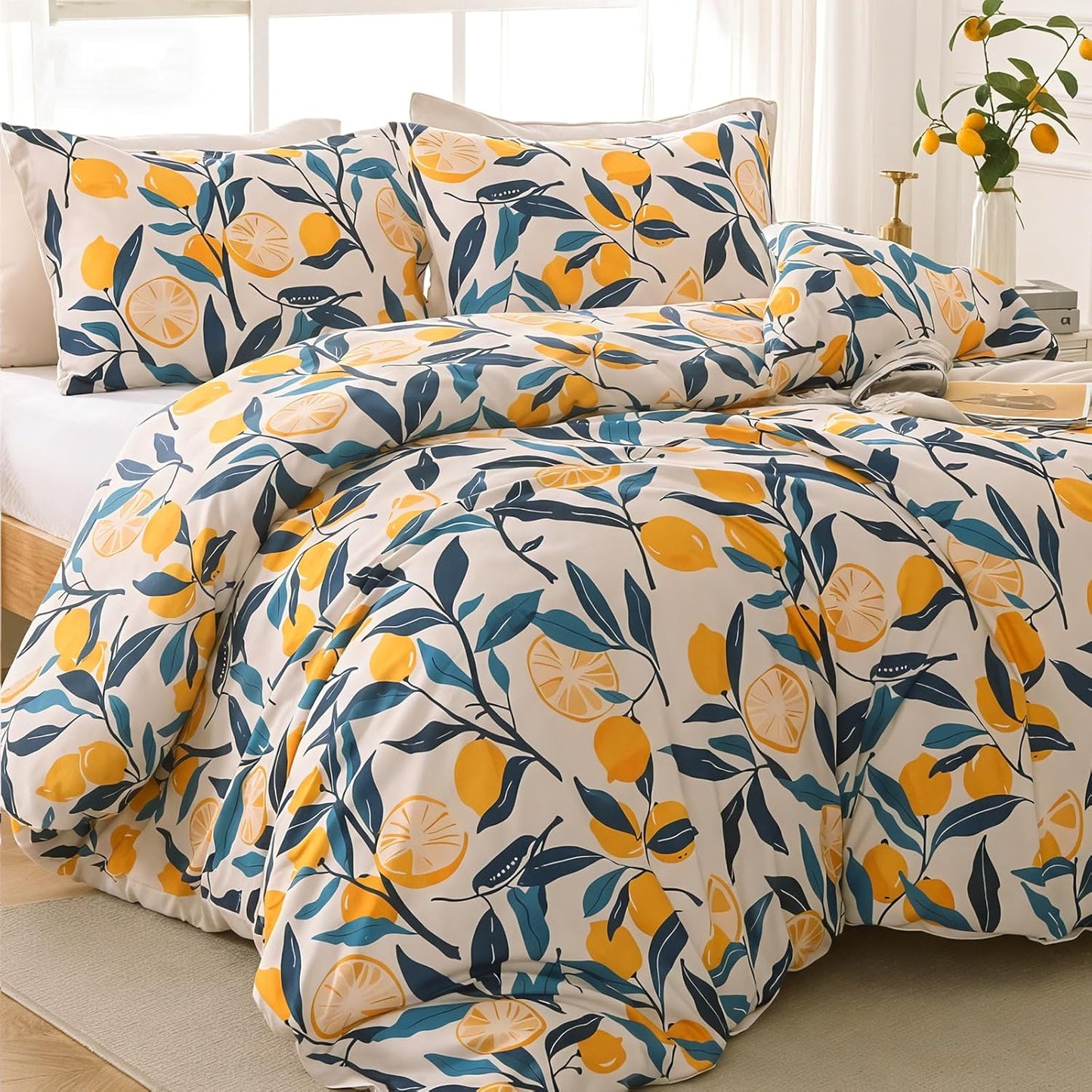 Lemon Blossom Bed in a Bag Queen 7 Pieces, Queen Comforter Set Reversible Botanical Flowers Design, Ultra Soft & Breathable Bedding Sets with Comforter, Sheets, Pillowcases & Shams