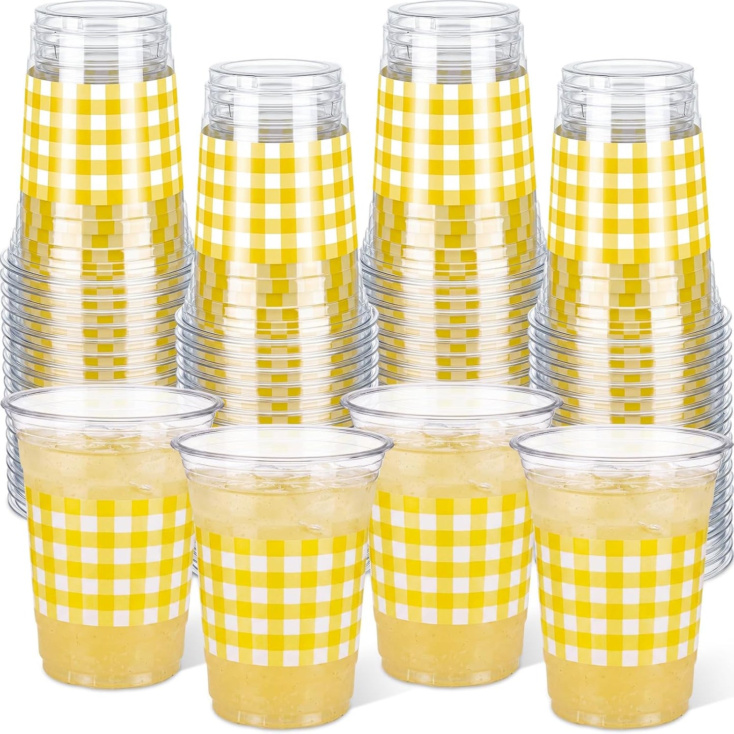 50 Pcs Yellow and White Gingham Disposable Cups, 16 oz Checkered Party Plastic Cups, Bulk Drinking Cup for Baby Shower, Birthday, Wedding, Picnic and Farmhouse Party Supplies