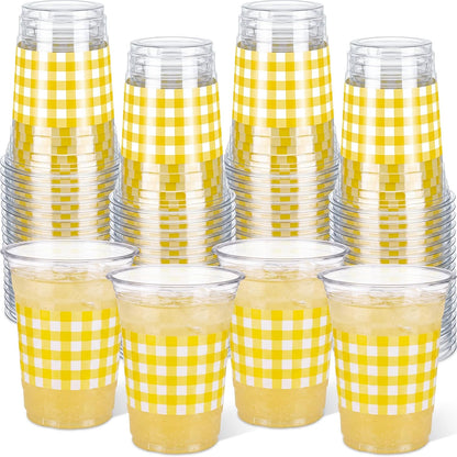 50 Pcs Yellow and White Gingham Disposable Cups, 16 oz Checkered Party Plastic Cups, Bulk Drinking Cup for Baby Shower, Birthday, Wedding, Picnic and Farmhouse Party Supplies