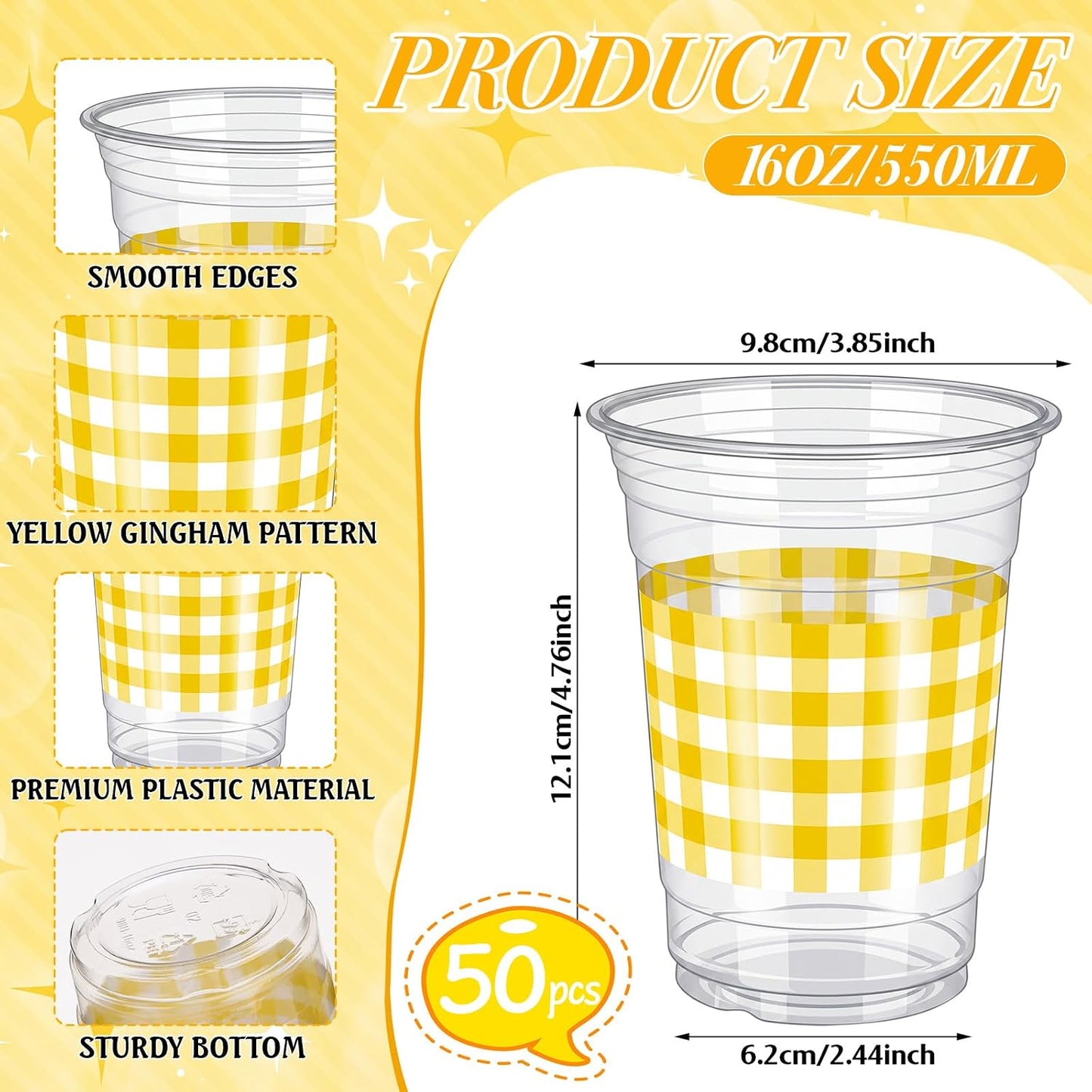 50 Pcs Yellow and White Gingham Disposable Cups, 16 oz Checkered Party Plastic Cups, Bulk Drinking Cup for Baby Shower, Birthday, Wedding, Picnic and Farmhouse Party Supplies