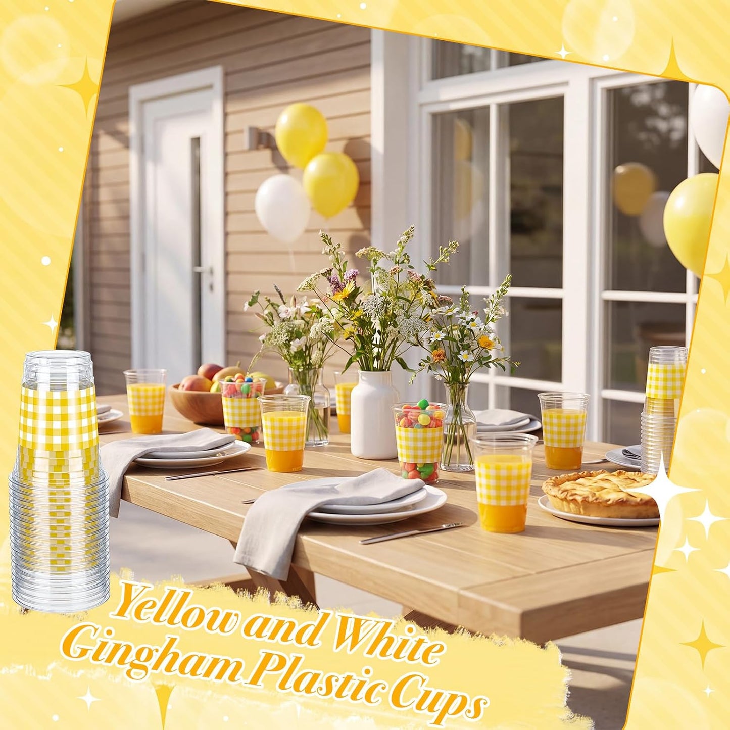 50 Pcs Yellow and White Gingham Disposable Cups, 16 oz Checkered Party Plastic Cups, Bulk Drinking Cup for Baby Shower, Birthday, Wedding, Picnic and Farmhouse Party Supplies