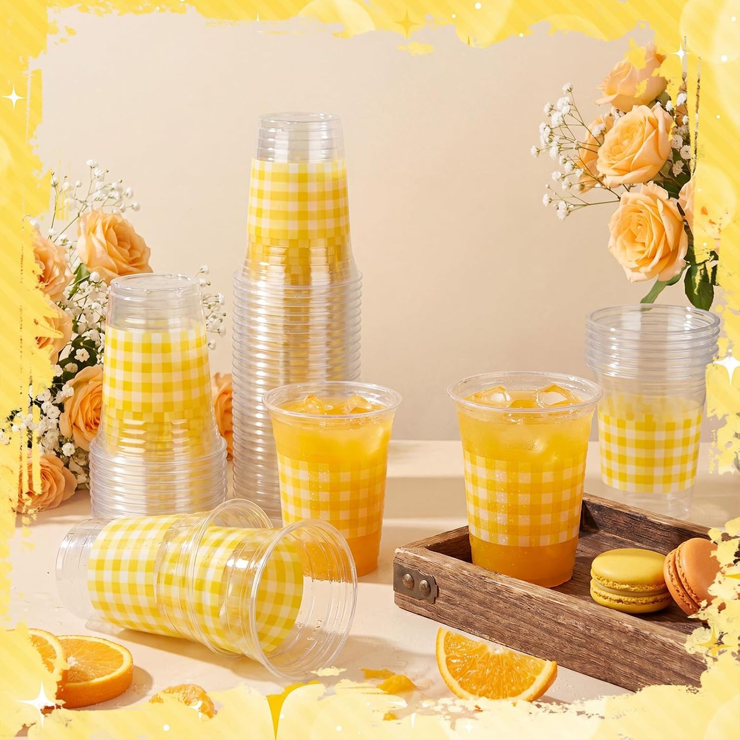 50 Pcs Yellow and White Gingham Disposable Cups, 16 oz Checkered Party Plastic Cups, Bulk Drinking Cup for Baby Shower, Birthday, Wedding, Picnic and Farmhouse Party Supplies