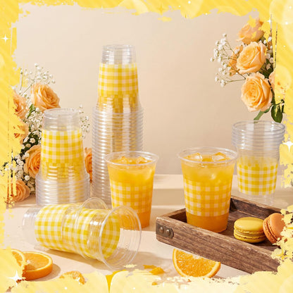 50 Pcs Yellow and White Gingham Disposable Cups, 16 oz Checkered Party Plastic Cups, Bulk Drinking Cup for Baby Shower, Birthday, Wedding, Picnic and Farmhouse Party Supplies