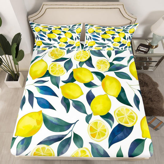 Lemon Bed Sheets Set 16" Deep Pocket for Kids Boys Girls Tropical Fruit Fitted Sheet Queen Size Botanical Lemon Pattern Bedding Set Yellow Green Blue Bedroom Decor Breathable Soft