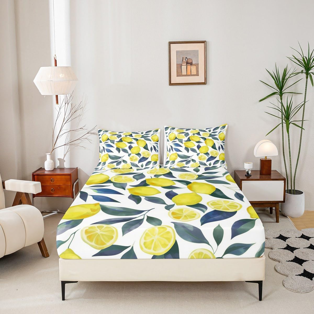 Lemon Bed Sheets Set 16" Deep Pocket for Kids Boys Girls Tropical Fruit Fitted Sheet Queen Size Botanical Lemon Pattern Bedding Set Yellow Green Blue Bedroom Decor Breathable Soft