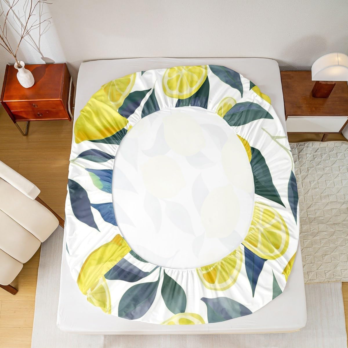 Lemon Bed Sheets Set 16" Deep Pocket for Kids Boys Girls Tropical Fruit Fitted Sheet Queen Size Botanical Lemon Pattern Bedding Set Yellow Green Blue Bedroom Decor Breathable Soft