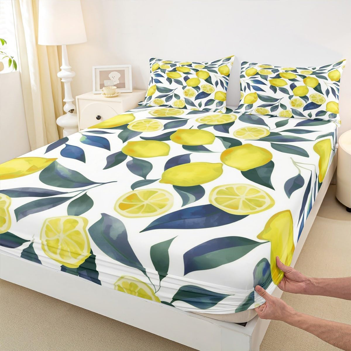 Lemon Bed Sheets Set 16" Deep Pocket for Kids Boys Girls Tropical Fruit Fitted Sheet Queen Size Botanical Lemon Pattern Bedding Set Yellow Green Blue Bedroom Decor Breathable Soft