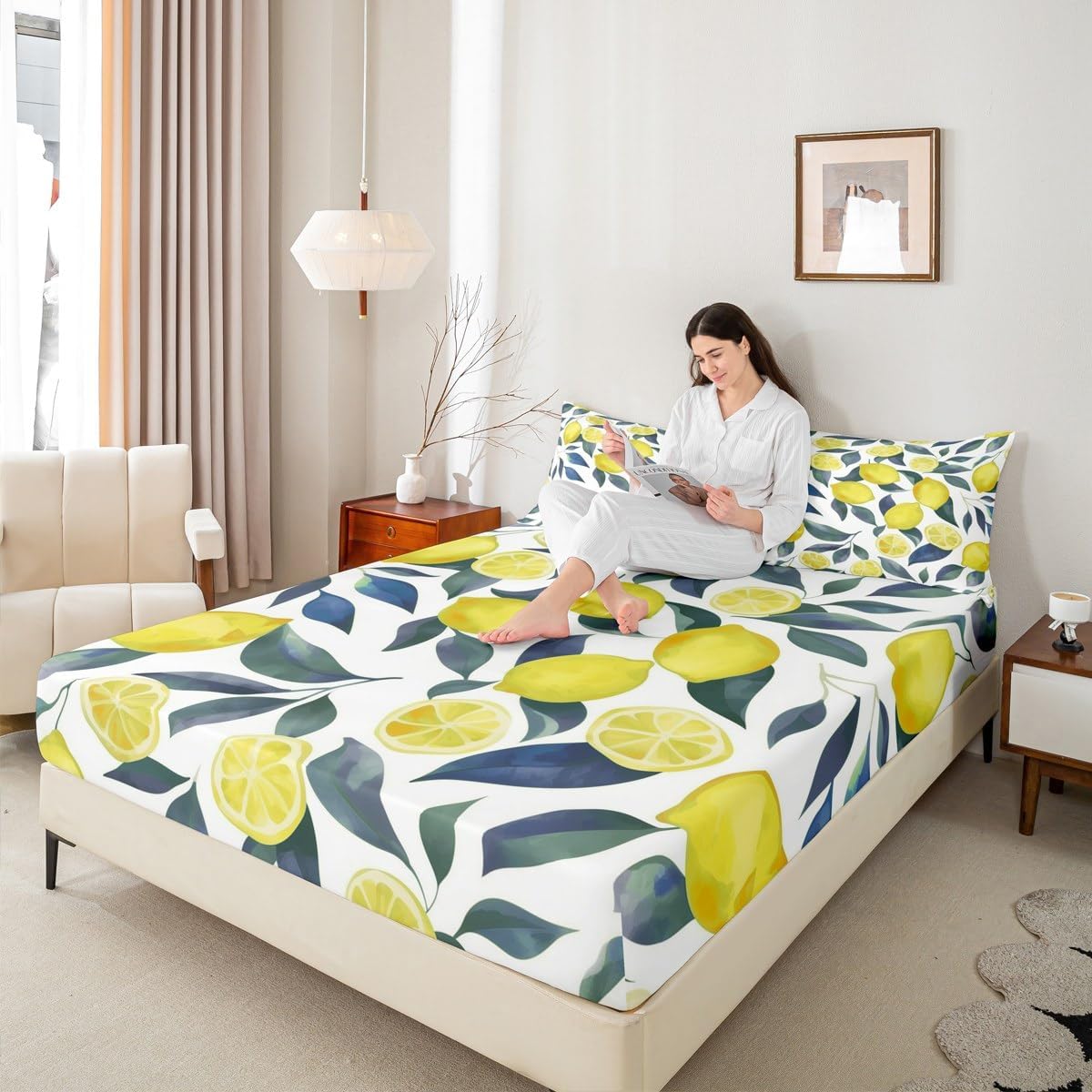 Lemon Bed Sheets Set 16" Deep Pocket for Kids Boys Girls Tropical Fruit Fitted Sheet Queen Size Botanical Lemon Pattern Bedding Set Yellow Green Blue Bedroom Decor Breathable Soft