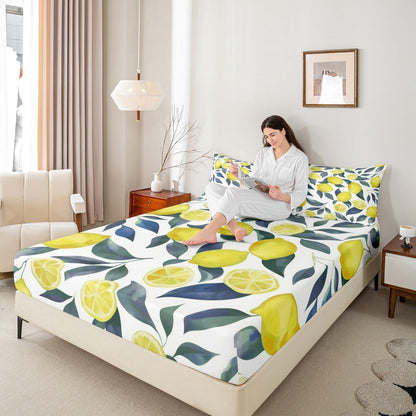 Lemon Bed Sheets Set 16" Deep Pocket for Kids Boys Girls Tropical Fruit Fitted Sheet Queen Size Botanical Lemon Pattern Bedding Set Yellow Green Blue Bedroom Decor Breathable Soft