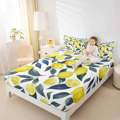 Lemon Bed Sheets Set 16" Deep Pocket for Kids Boys Girls Tropical Fruit Fitted Sheet Queen Size Botanical Lemon Pattern Bedding Set Yellow Green Blue Bedroom Decor Breathable Soft