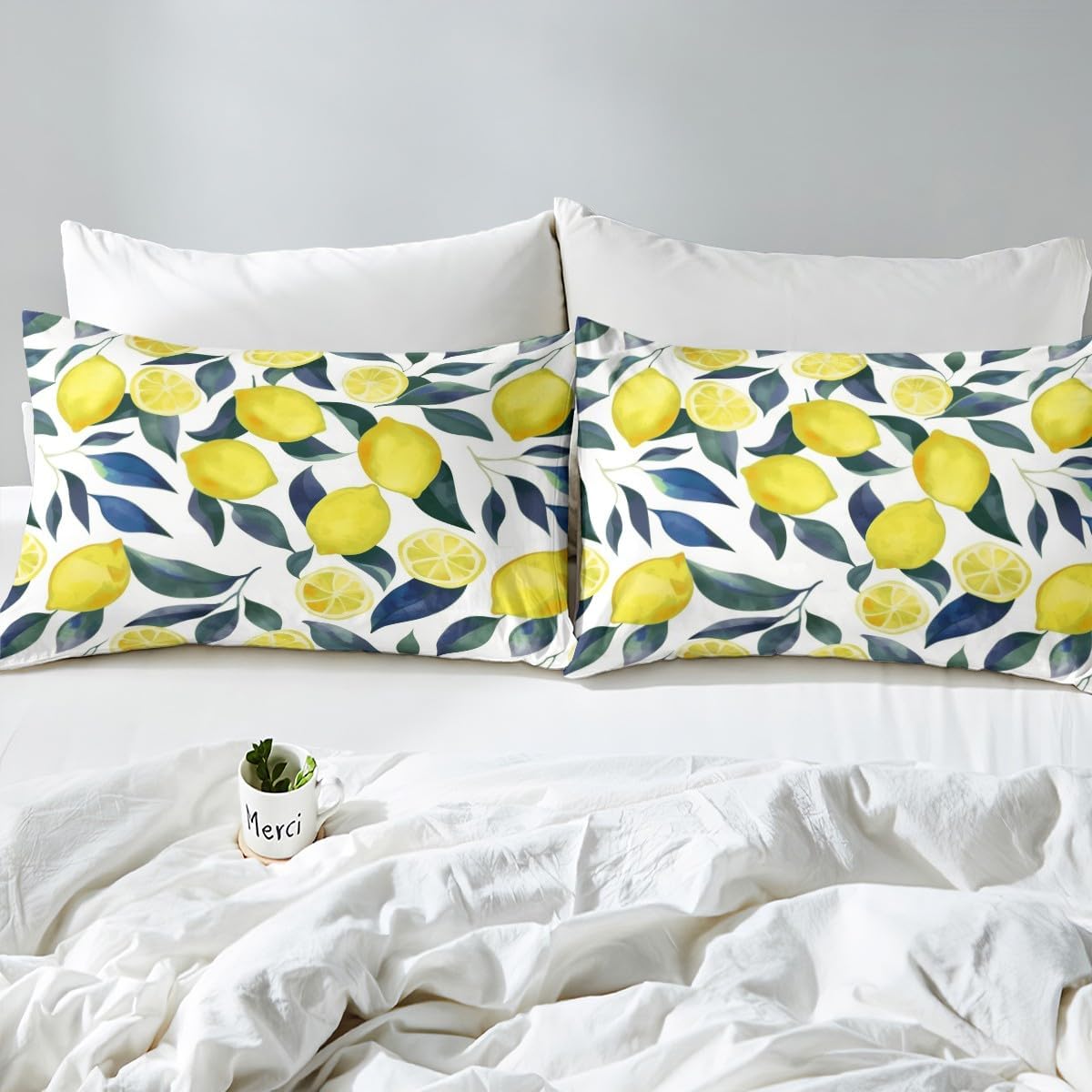 Lemon Bed Sheets Set 16" Deep Pocket for Kids Boys Girls Tropical Fruit Fitted Sheet Queen Size Botanical Lemon Pattern Bedding Set Yellow Green Blue Bedroom Decor Breathable Soft