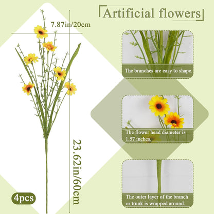 6Pcs Artificial Daisy Flowers Yellow Faux Daisies Flowers Summer Spring Fall Fake Wildflowers with Stems 24" Silk Floral Arrangement for Vase Home Table Garden Wedding Party Outdoor Decoration