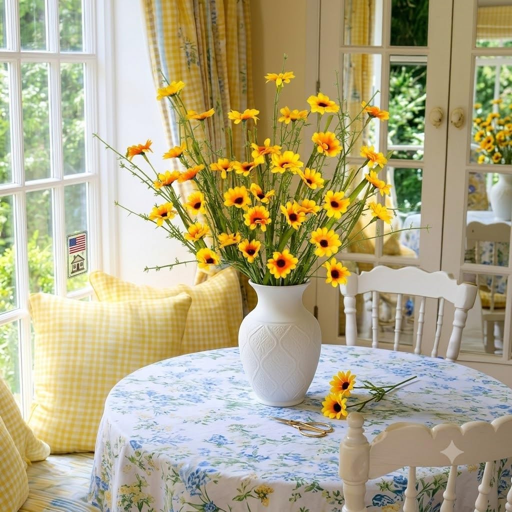 6Pcs Artificial Daisy Flowers Yellow Faux Daisies Flowers Summer Spring Fall Fake Wildflowers with Stems 24" Silk Floral Arrangement for Vase Home Table Garden Wedding Party Outdoor Decoration