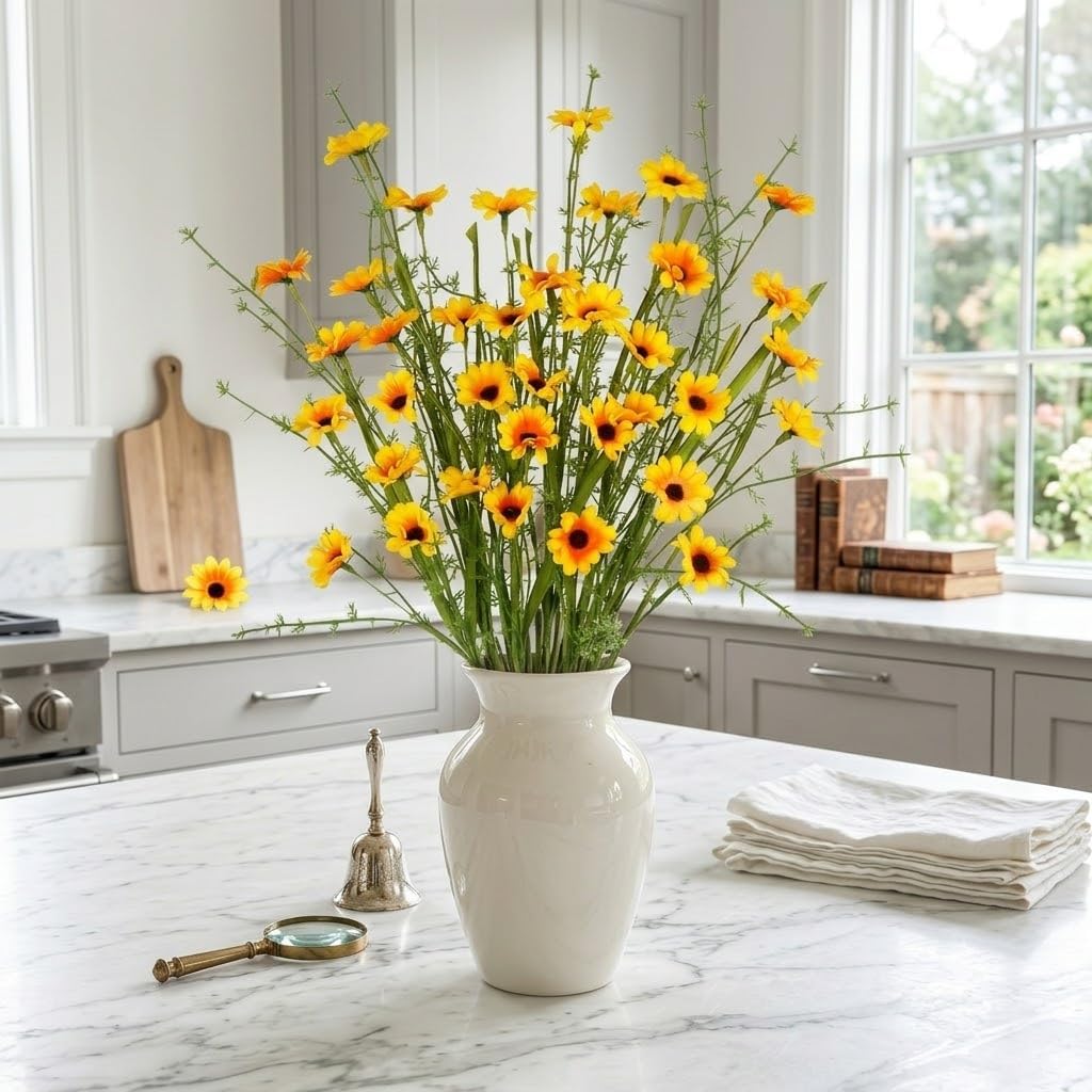 6Pcs Artificial Daisy Flowers Yellow Faux Daisies Flowers Summer Spring Fall Fake Wildflowers with Stems 24" Silk Floral Arrangement for Vase Home Table Garden Wedding Party Outdoor Decoration