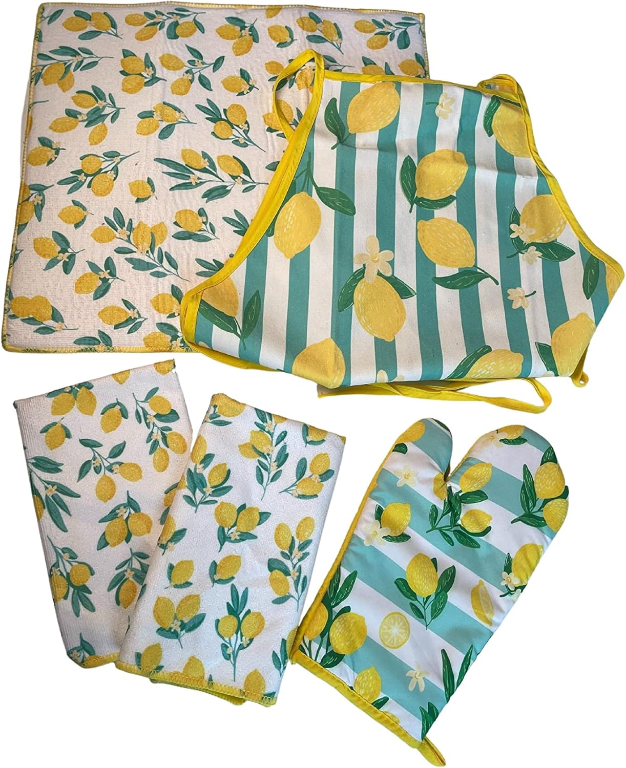 Spring Lemons Dish Towels, Drying Mat, Apron and Oven Mitt Bundle