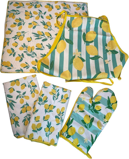 Spring Lemons Dish Towels, Drying Mat, Apron and Oven Mitt Bundle