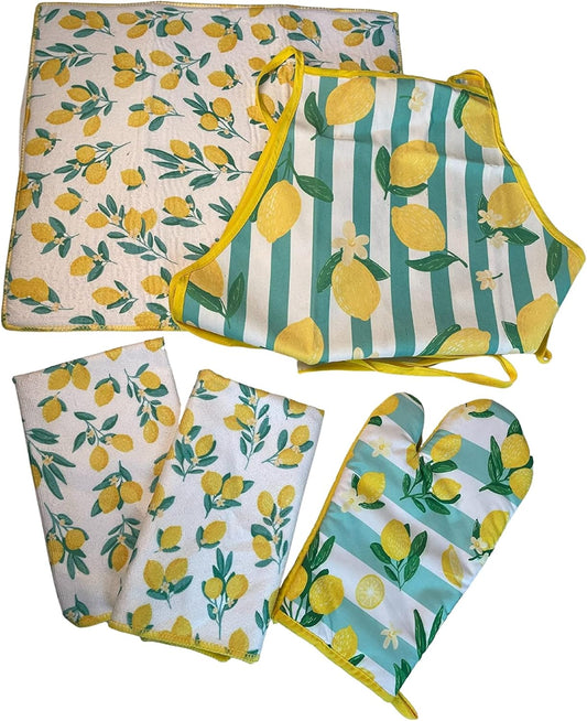 Spring Lemons Dish Towels, Drying Mat, Apron and Oven Mitt Bundle