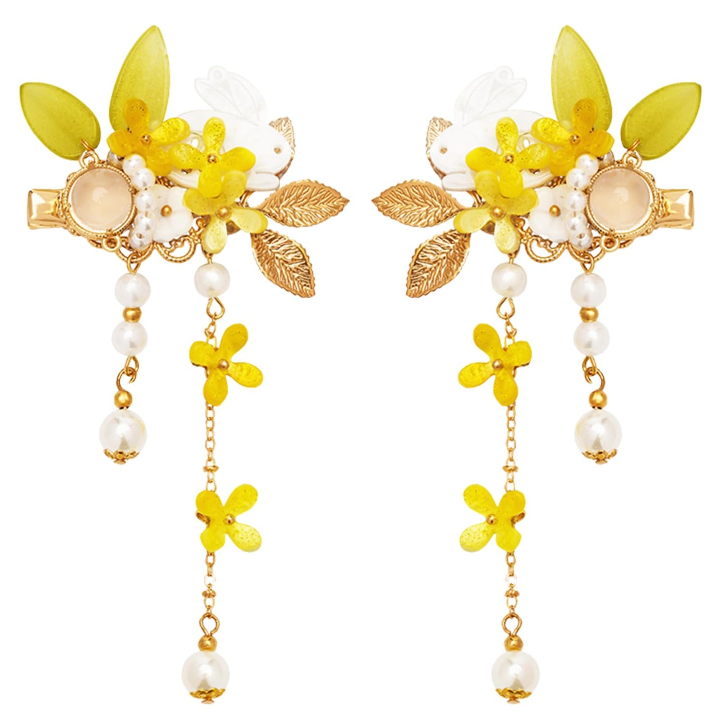 A Pair Wedding Hair Clips, Handmade Floral Design Crystal Hair Clips Pearl Barrettes, Rhinestones Flower Clips Pearl Headpieces Hair Pins Hair Accessories for Women Girls (Yellow)