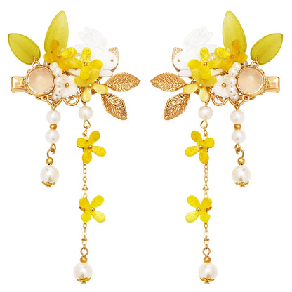 A Pair Wedding Hair Clips, Handmade Floral Design Crystal Hair Clips Pearl Barrettes, Rhinestones Flower Clips Pearl Headpieces Hair Pins Hair Accessories for Women Girls (Yellow)
