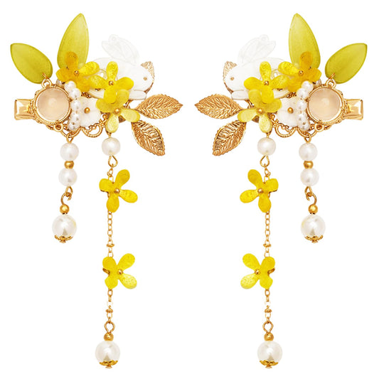 A Pair Wedding Hair Clips, Handmade Floral Design Crystal Hair Clips Pearl Barrettes, Rhinestones Flower Clips Pearl Headpieces Hair Pins Hair Accessories for Women Girls (Yellow)