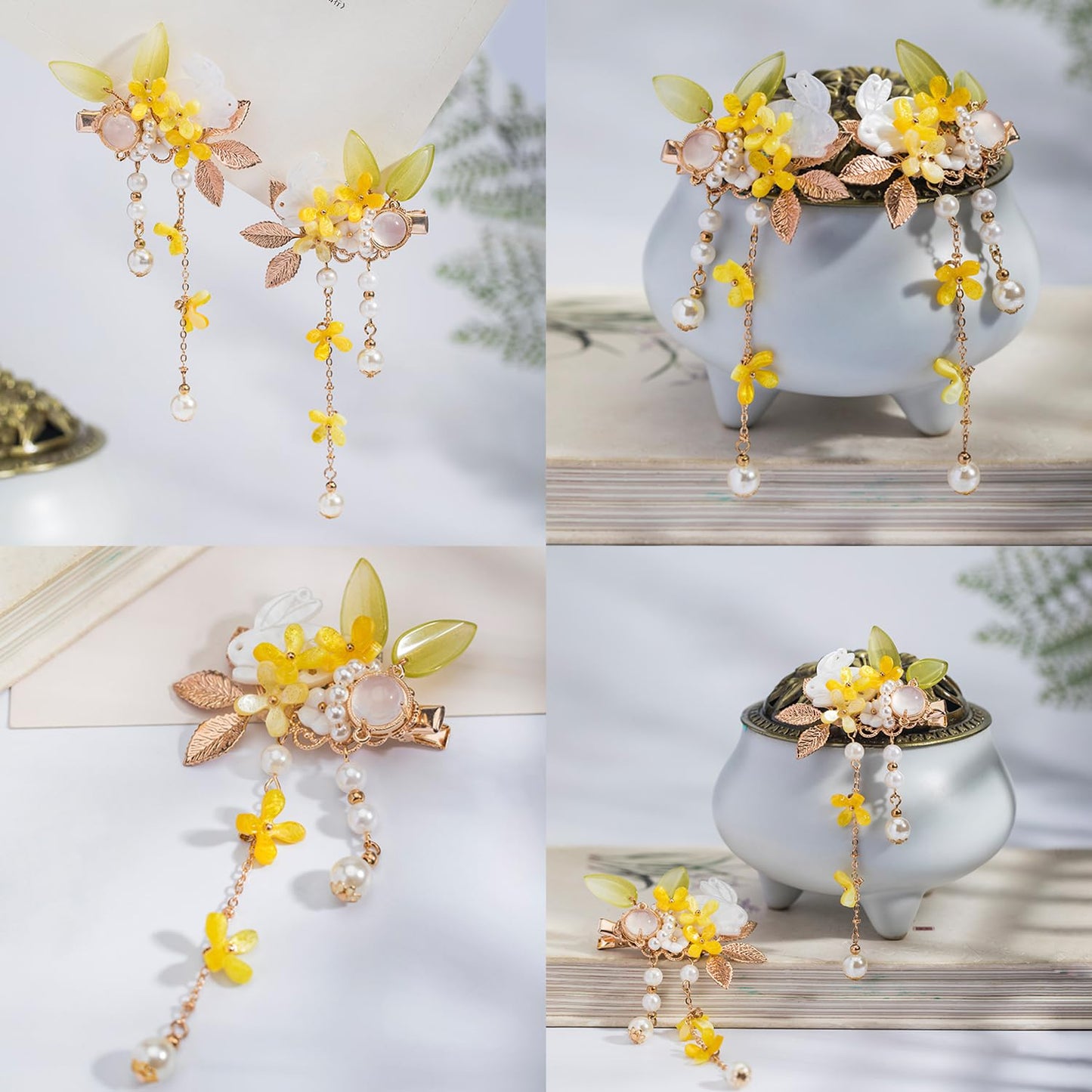 A Pair Wedding Hair Clips, Handmade Floral Design Crystal Hair Clips Pearl Barrettes, Rhinestones Flower Clips Pearl Headpieces Hair Pins Hair Accessories for Women Girls (Yellow)